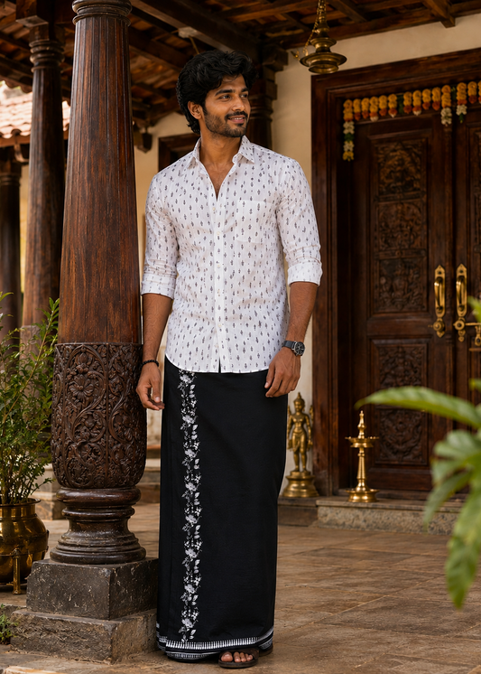 Black Printed Single Dhoti / Otta Mundu SL319