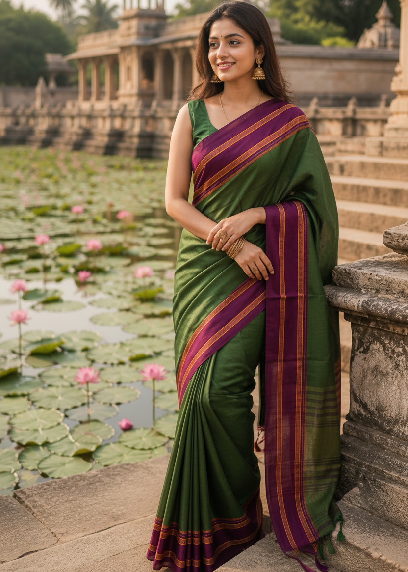 Southloom Gadwal Border Cotton Base Narayanpet Saree with in OliveGreen and Purple SL265