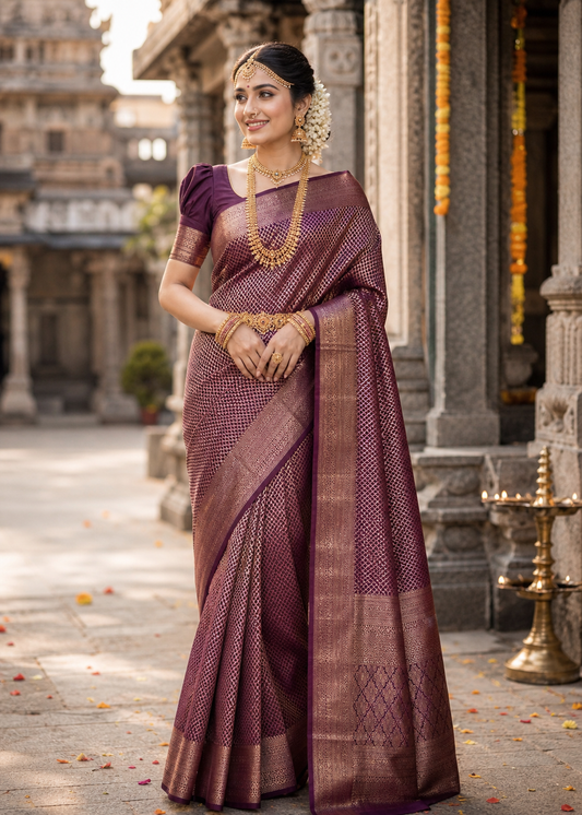 Southloom Premium Semi Silk Zari Work Bridal Brocade Saree in Dark Purple with Matching Pallu