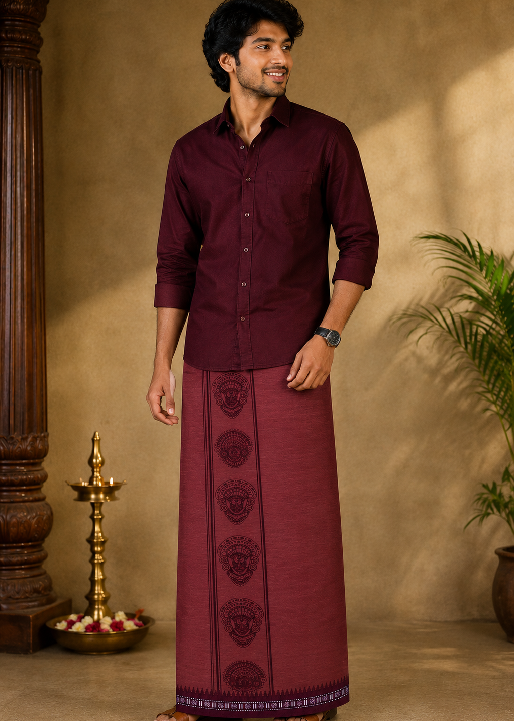 Kaavi (saffron) With  Maroon Printed Single Dhoti /Otta Mundu SL319