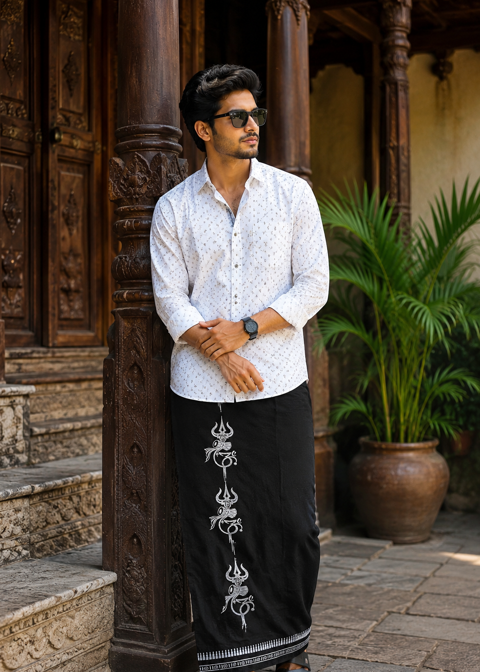 Black Printed Single Dhoti / Otta Mundu SL319