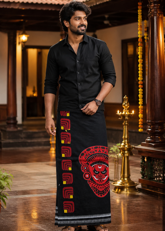 Theyyam  Printed Black  Single Dhoti / Otta Mundu SL319