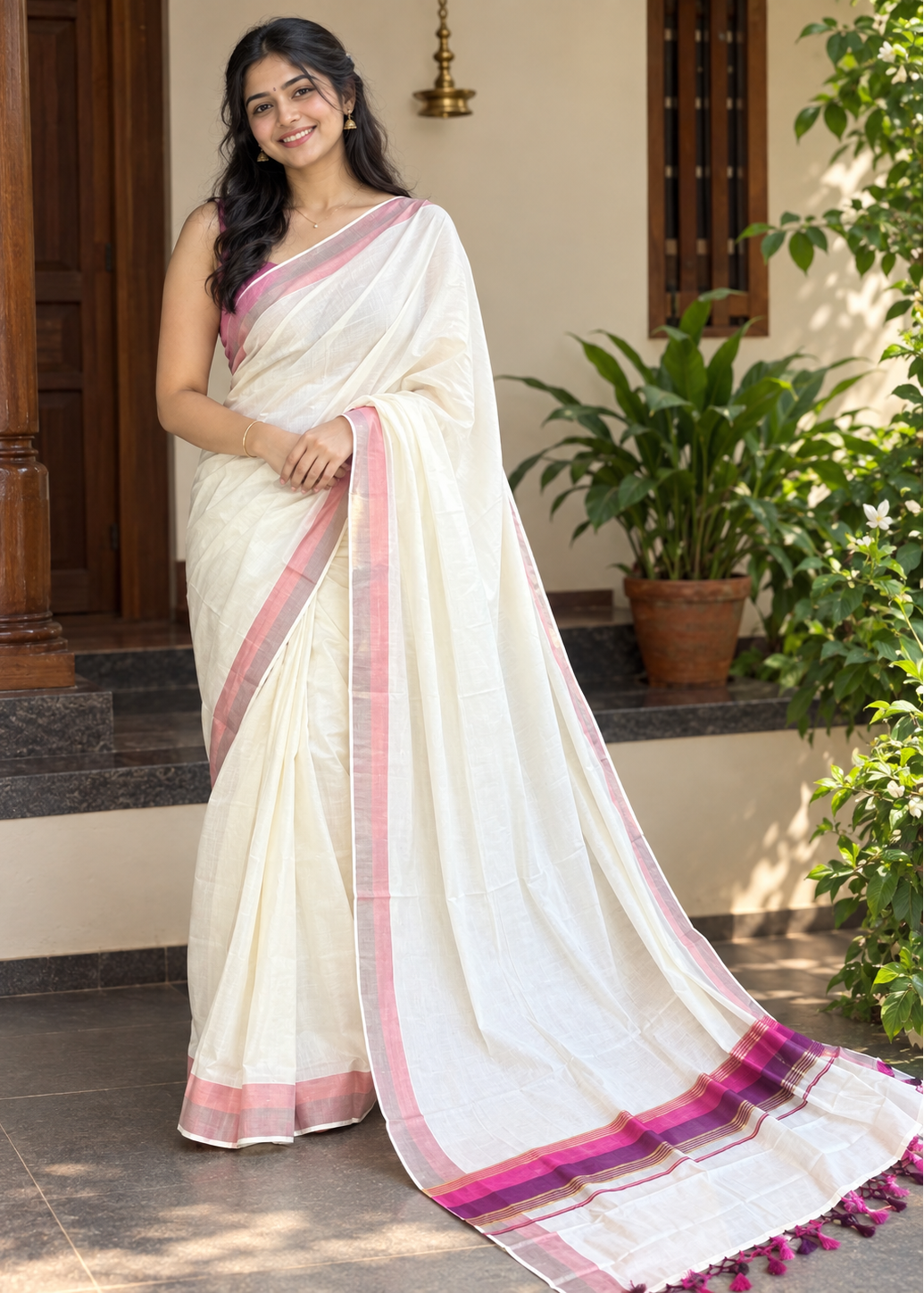 Kerala Cotton Kasavu Saree With Pink And Purple Borders SL499