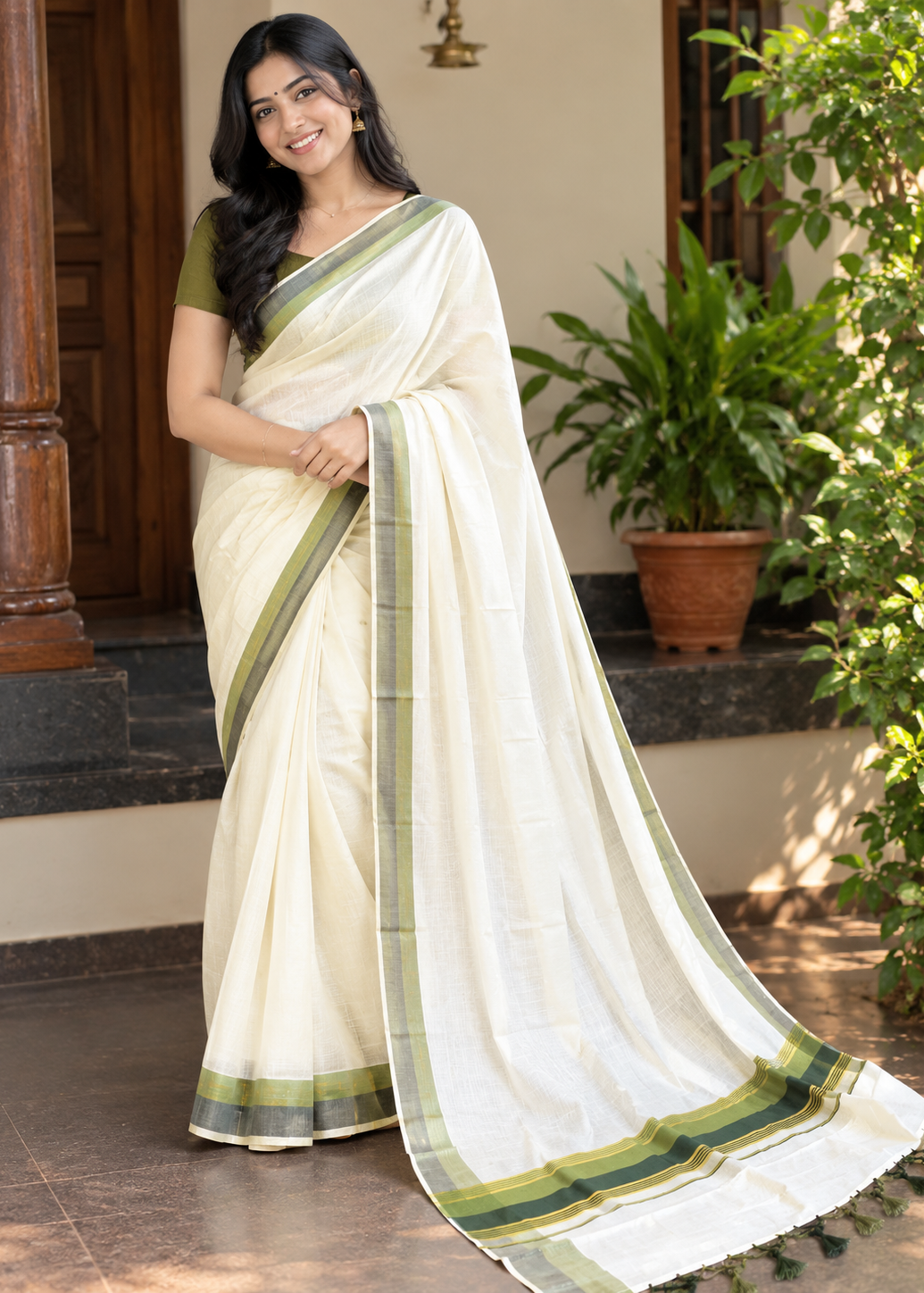 Kerala Cotton Kasavu Saree With Olive Green And Bottle Green Borders SL499