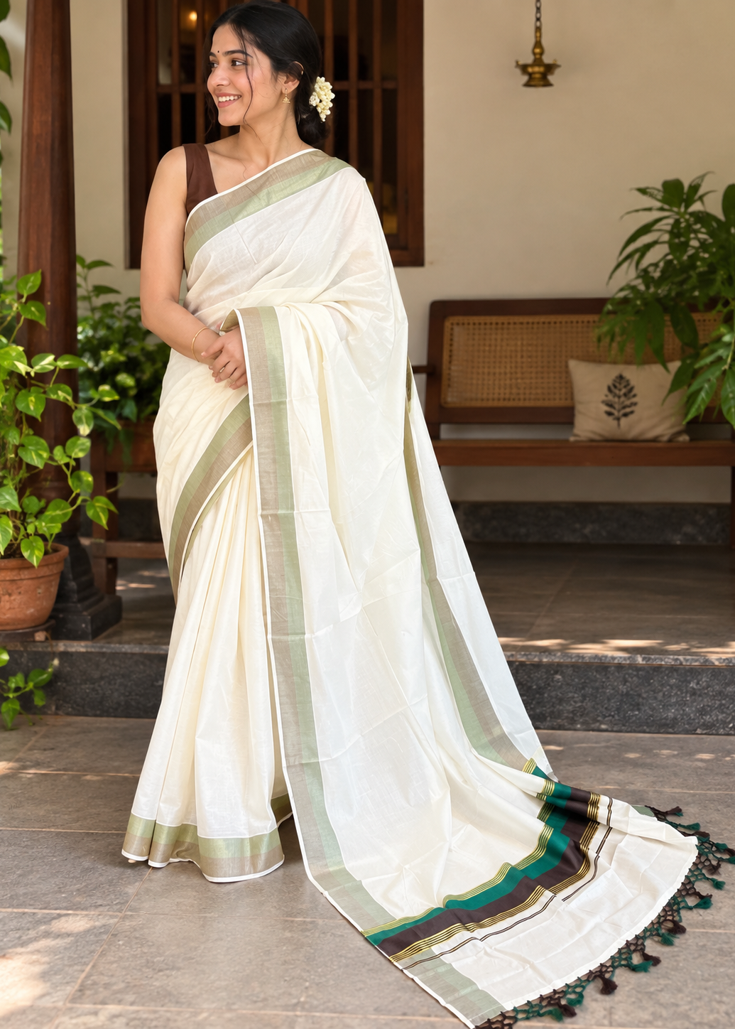 Kerala Cotton Kasavu Saree With Green And Brown Borders SL499