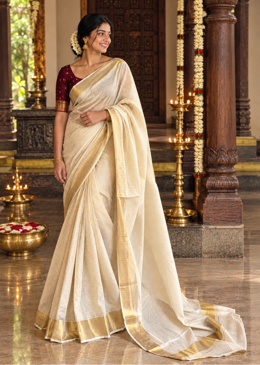 Kerala Cotton Kasavu Saree with Check Design