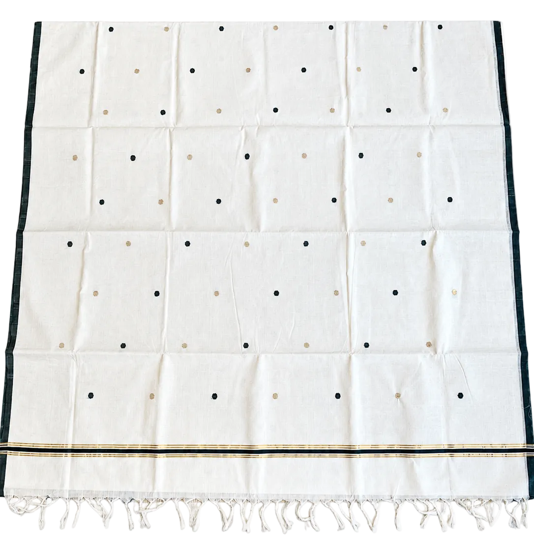 Southloom Kerala Cotton Handloom Saree With Green And Gold Polka Dot On The Body SL629