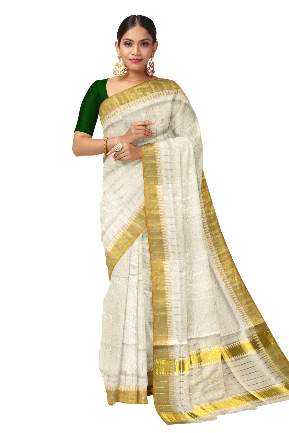 Southloom Super Premium Balaramapuram Unakkupaavu Handloom Saree with Kasavu Lines Across Body and Temple Border