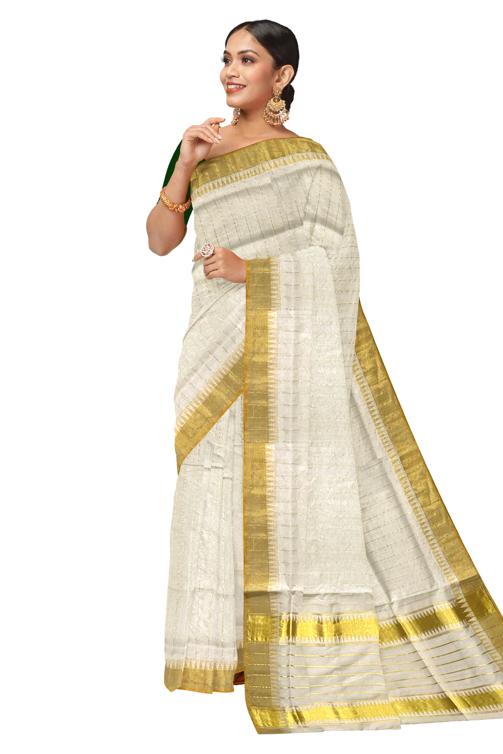 Southloom Super Premium Balaramapuram Unakkupaavu Handloom Saree with Kasavu Lines Across Body and Temple Border