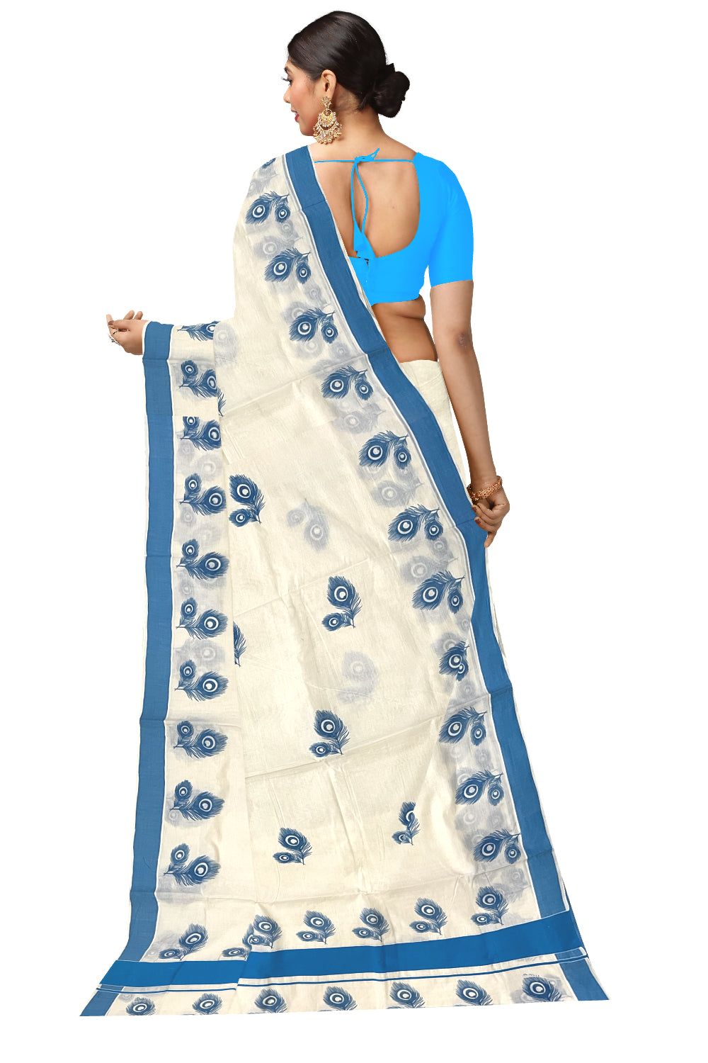 Pure Cotton Kerala Saree with Blue Feather Block Printed Border (Onam Saree 2023)