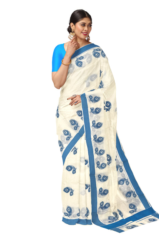 Pure Cotton Kerala Saree with Blue Feather Block Printed Border (Onam Saree 2023)