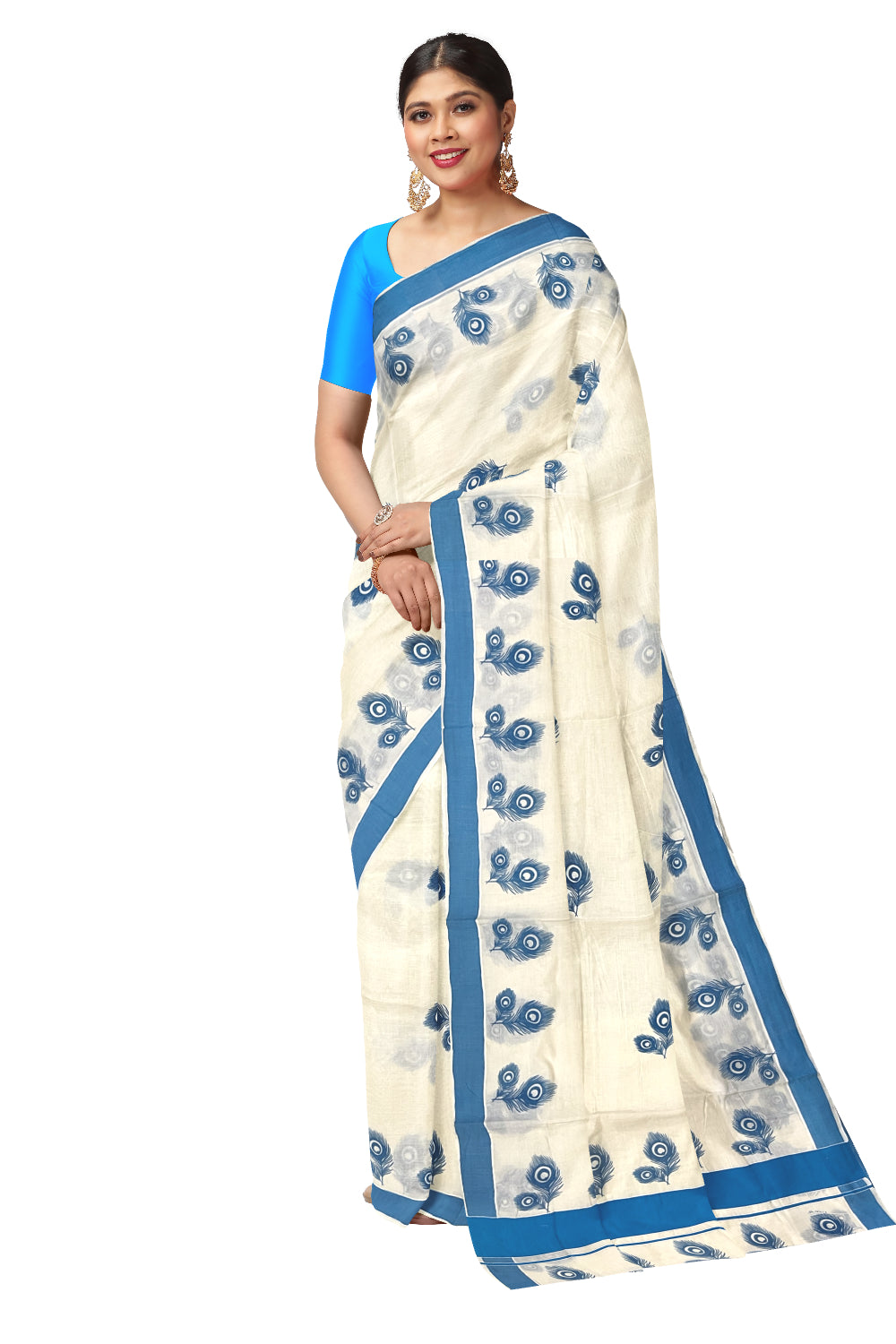 Pure Cotton Kerala Saree with Blue Feather Block Printed Border (Onam Saree 2023)