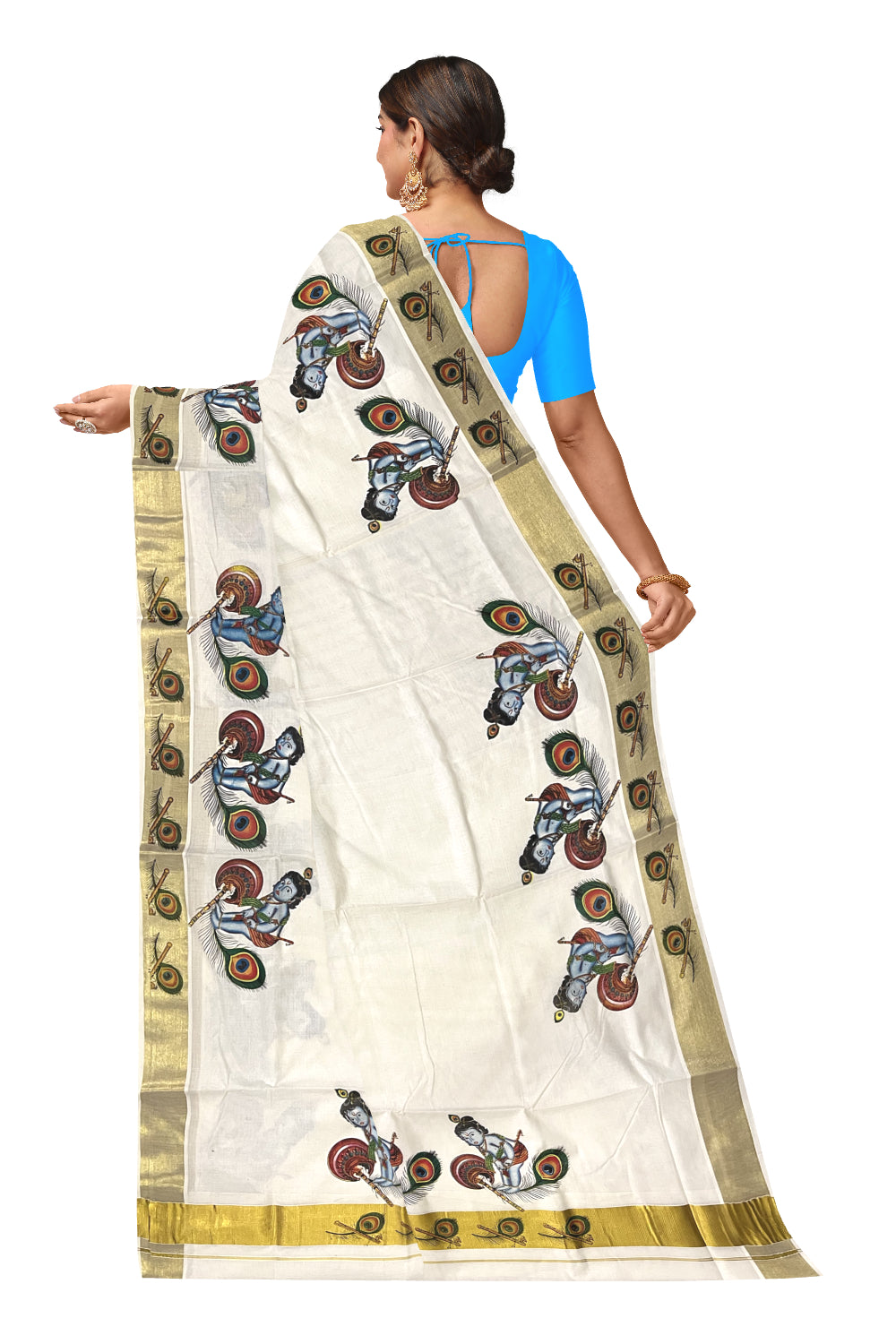 Pure Cotton Kerala Kasavu Saree with Baby Krishna Mural Printed Design