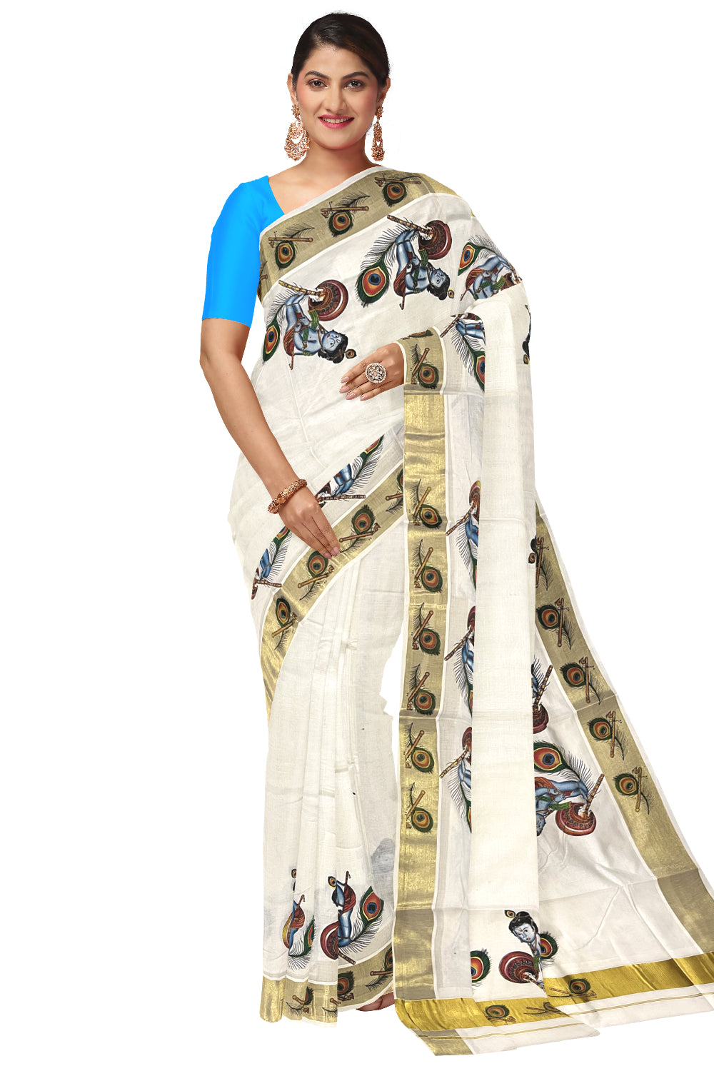 Pure Cotton Kerala Kasavu Saree with Baby Krishna Mural Printed Design