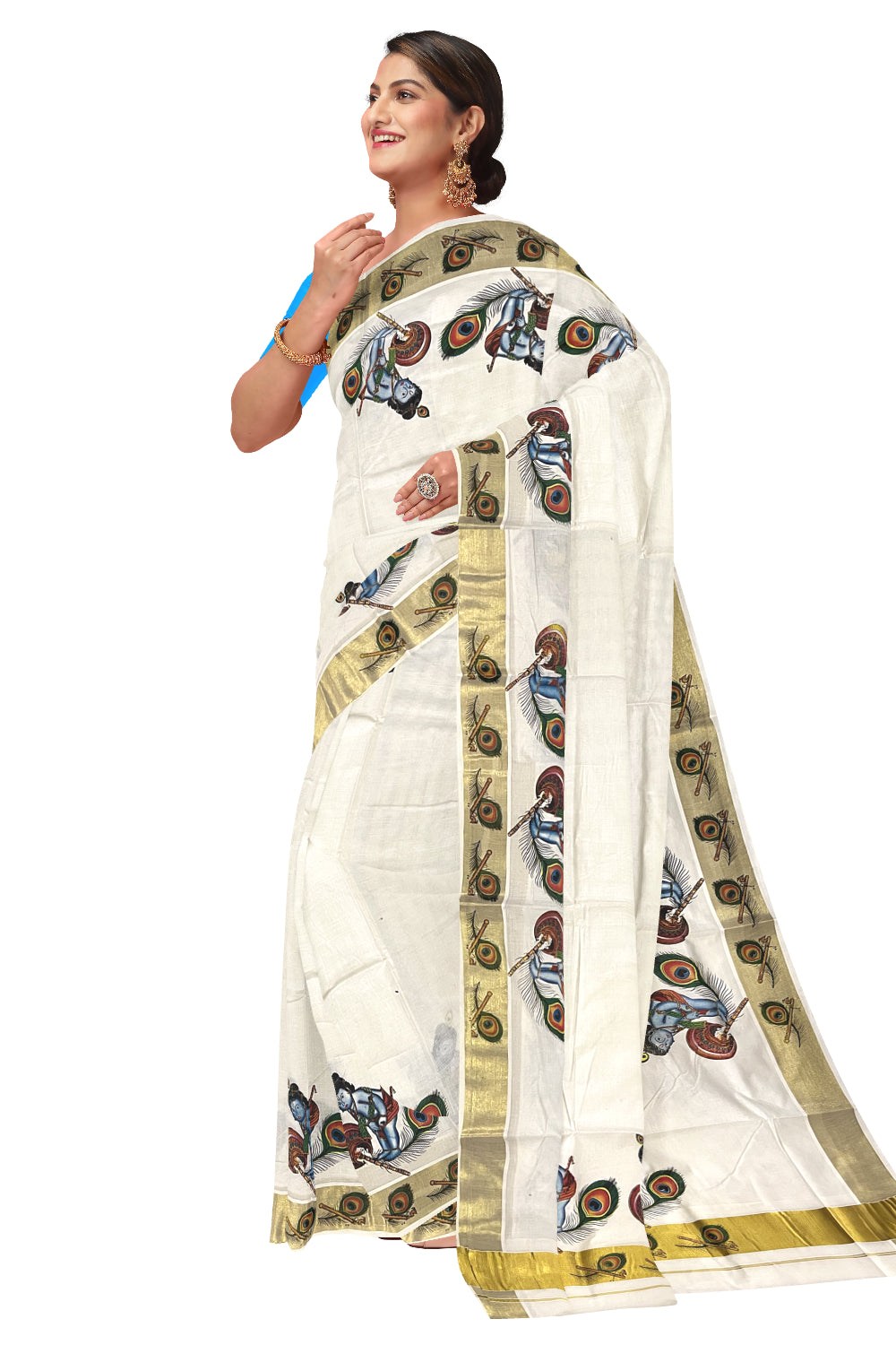 Pure Cotton Kerala Kasavu Saree with Baby Krishna Mural Printed Design