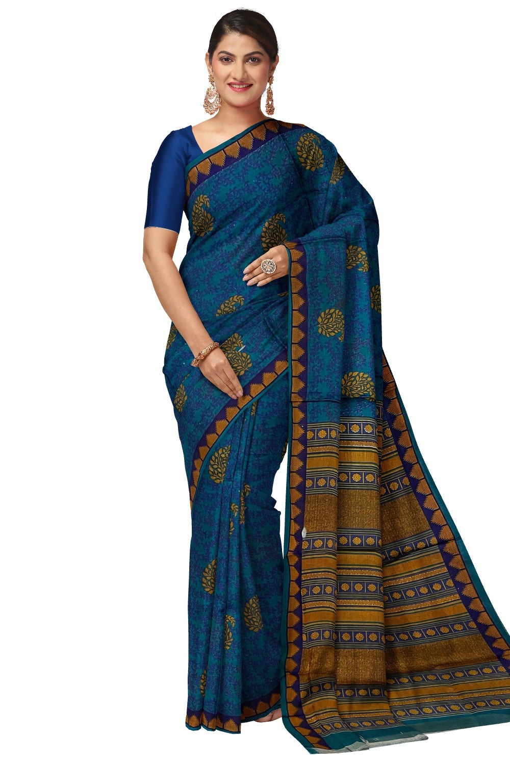 Southloom Cotton Blue Designer Printed Saree