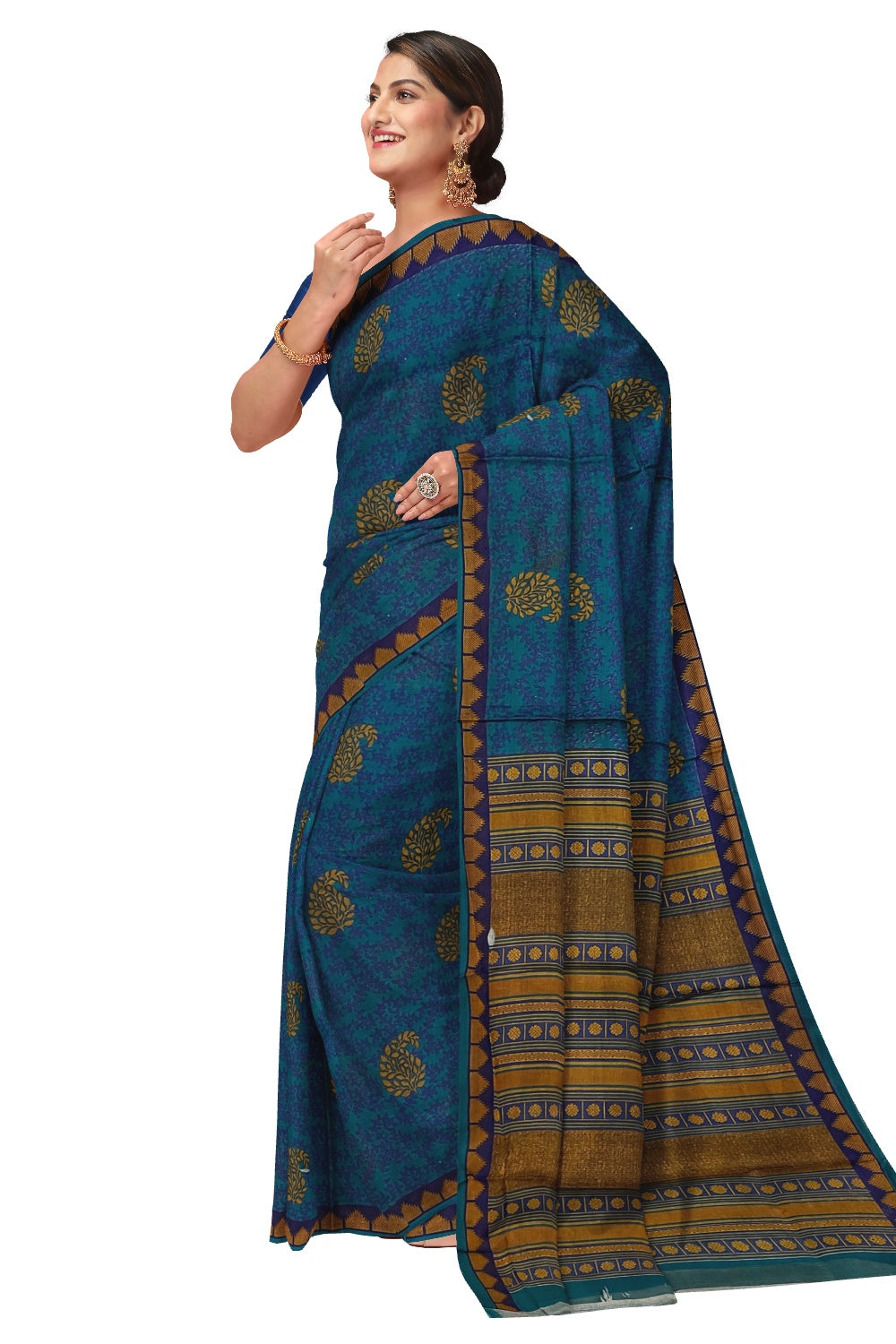 Southloom Cotton Blue Designer Printed Saree