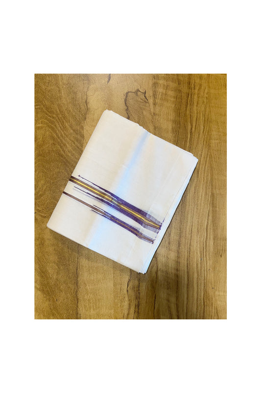 Southloom Premium Handloom Pure Cotton Mundu with Violet and Golden Woven Border