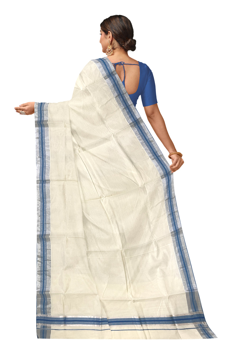 Kerala Pure Cotton Plain Saree with Silver Kasavu and Blue Border