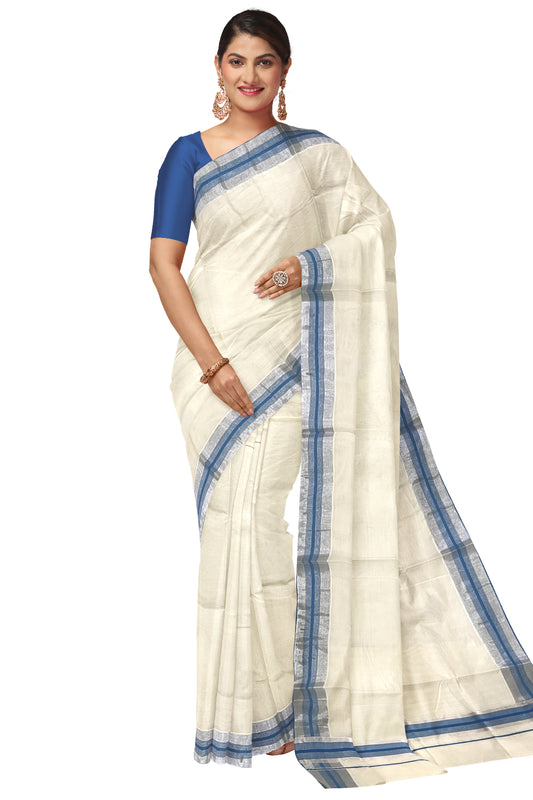 Kerala Pure Cotton Plain Saree with Silver Kasavu and Blue Border