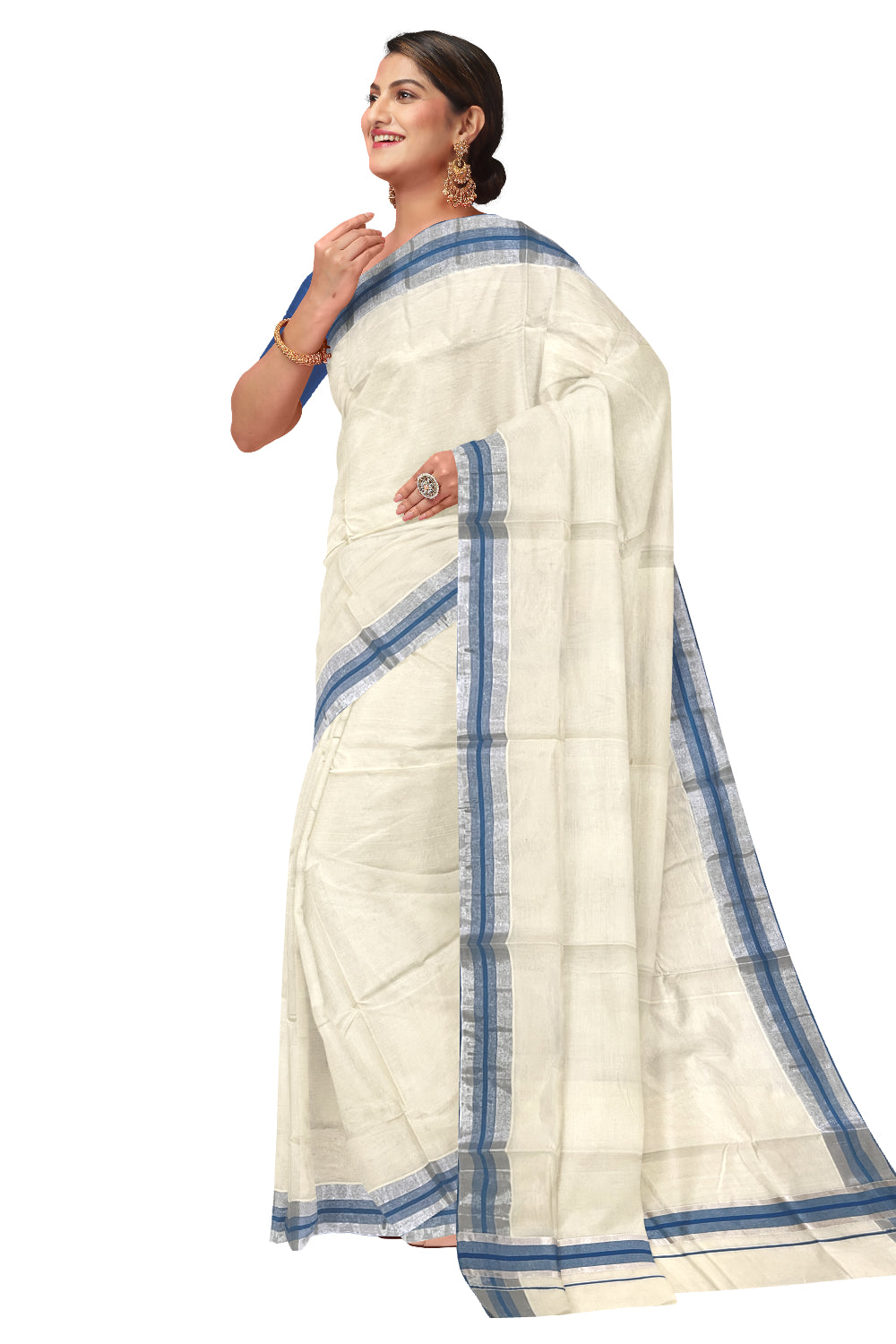 Kerala Pure Cotton Plain Saree with Silver Kasavu and Blue Border