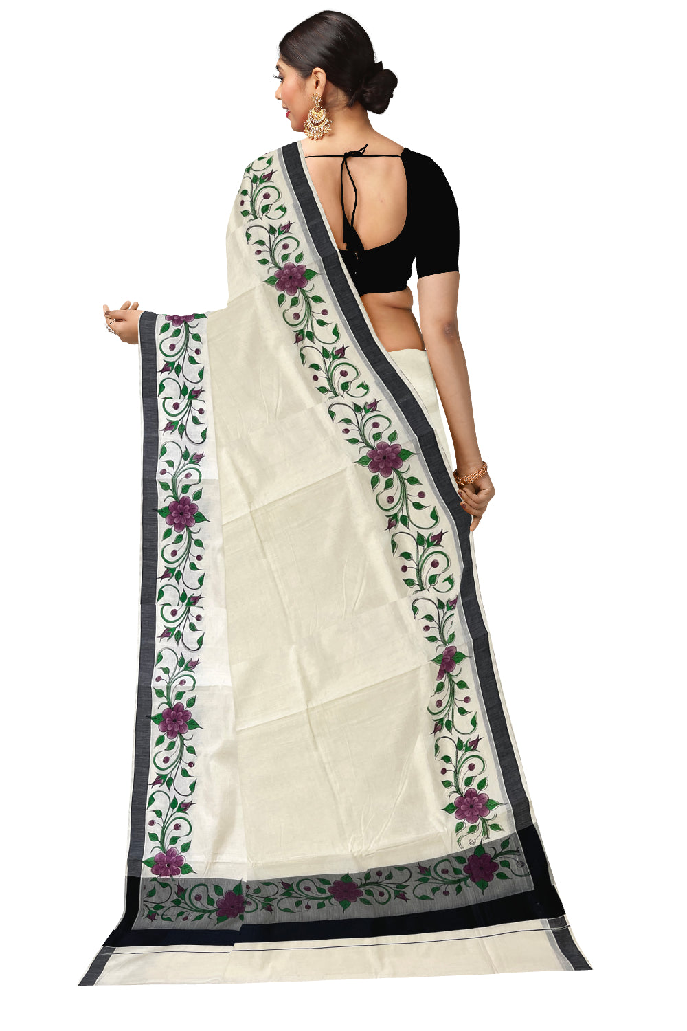 Pure Cotton Kerala Saree with Floral Block Printed Black Border