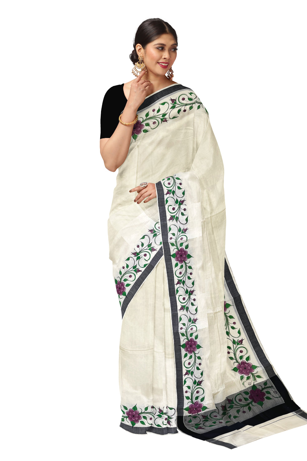 Pure Cotton Kerala Saree with Floral Block Printed Black Border