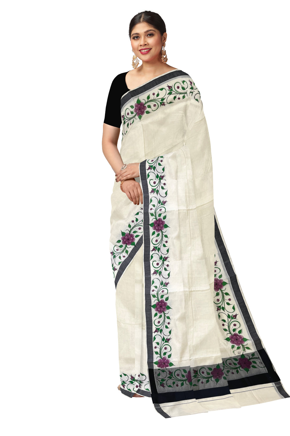 Pure Cotton Kerala Saree with Floral Block Printed Black Border