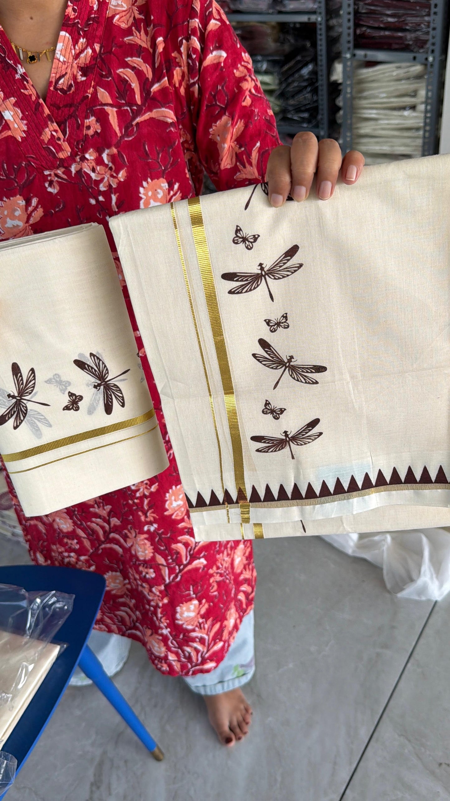 Cotton Thumbi Temple Print Set Mundu SL151 (2.80 Neriyathu)