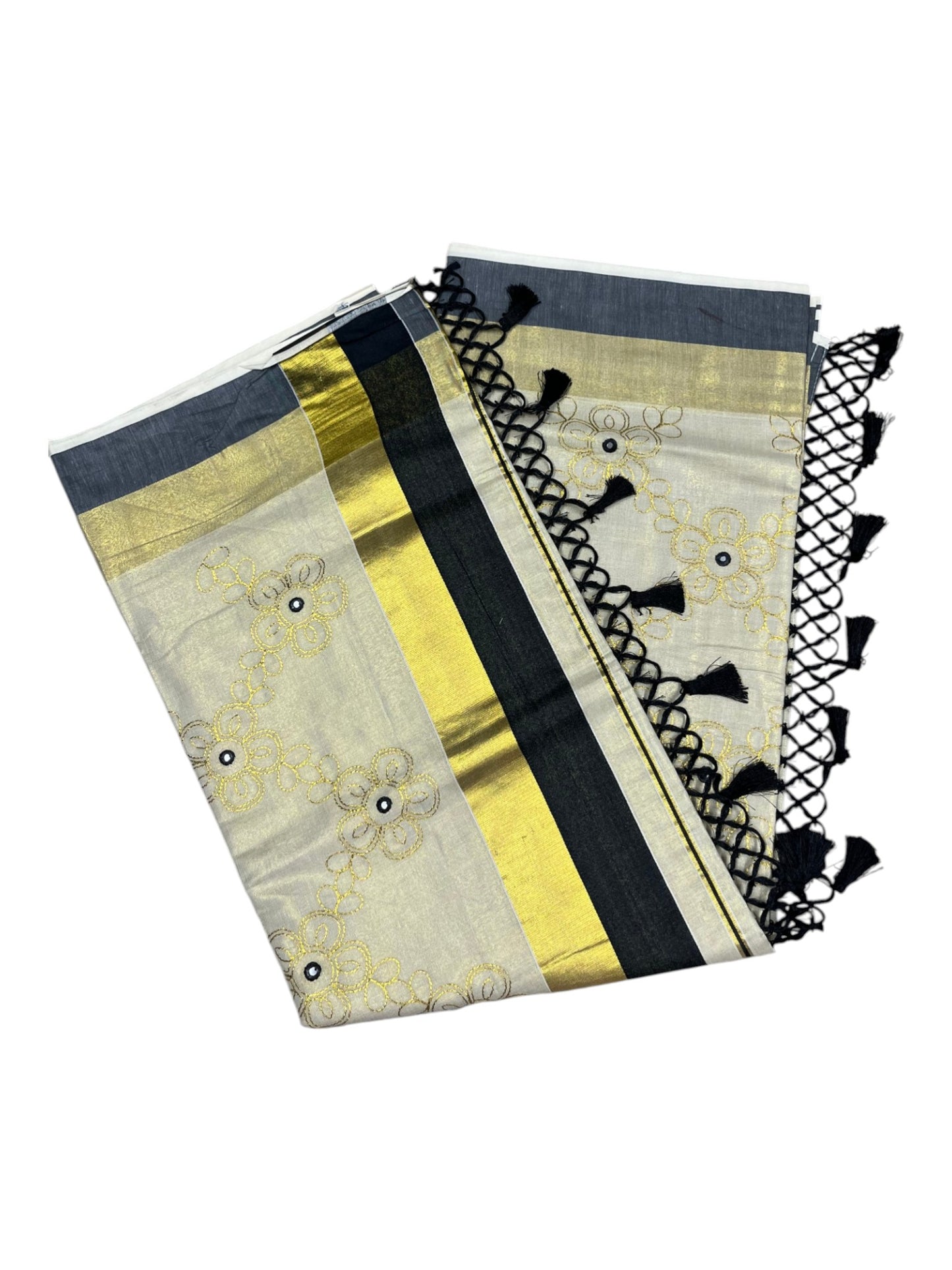 Kerala Tissue Kasavu Stripes Saree with Gold and Black Floral Embroidery Design on Body SL269