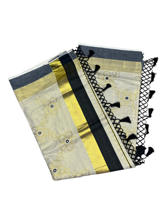 Kerala Tissue Kasavu Stripes Saree with Gold and Black Floral Embroidery Design on Body