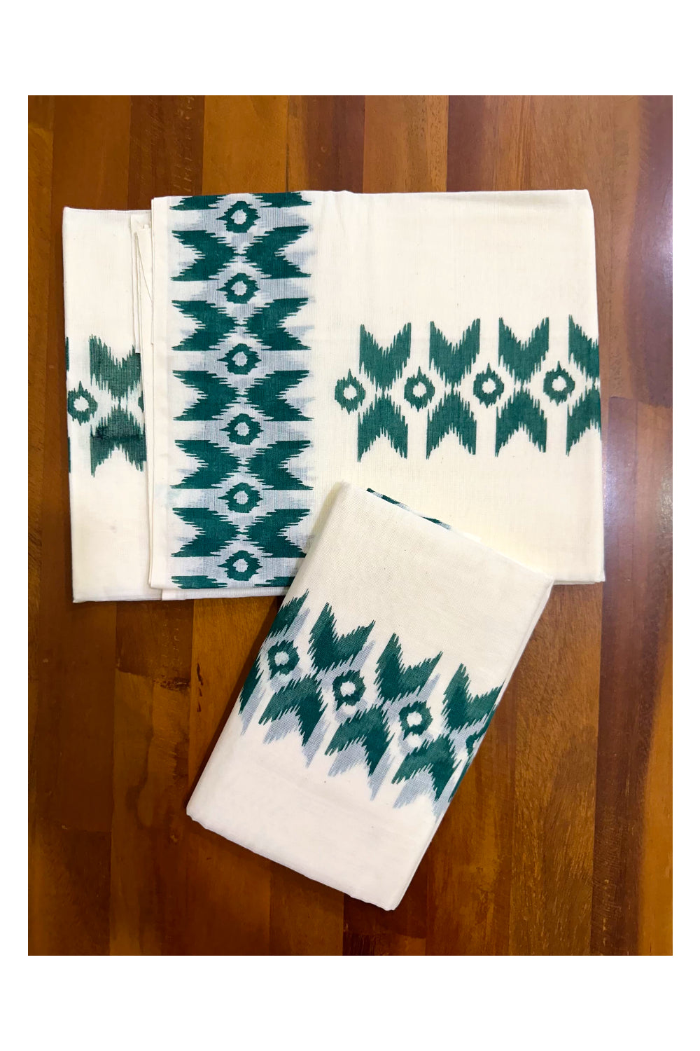 Pure Cotton Kerala Set Mundu with Green Block Printed Border