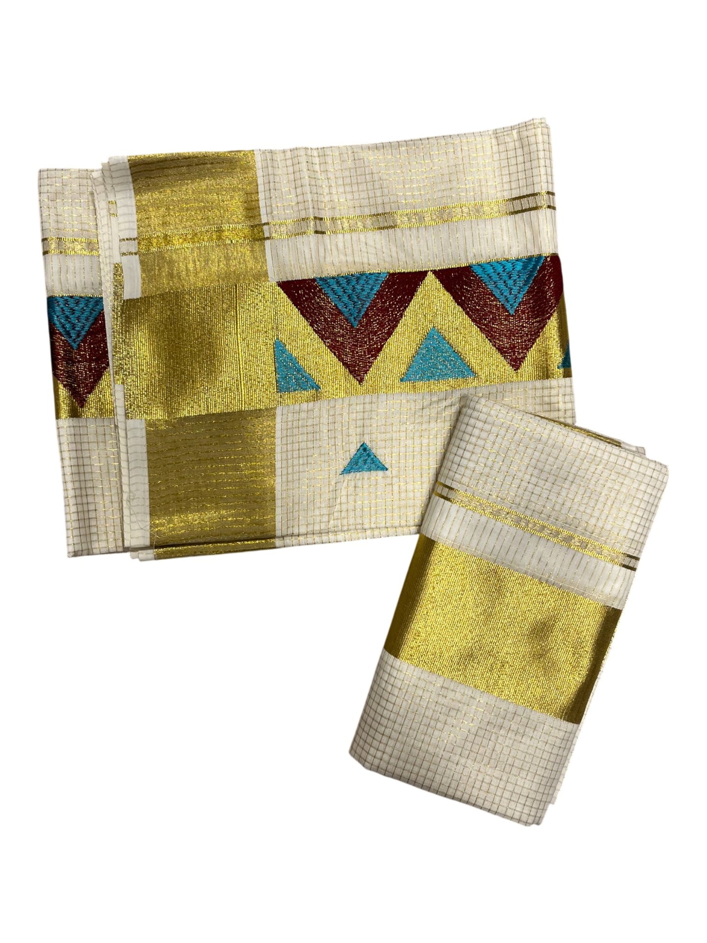 southloom Kerala TIssue Kasavu Mundum Neriyathum  (Set Mundu) with Blue Brown  Embroidery Designs in Kasavu Border