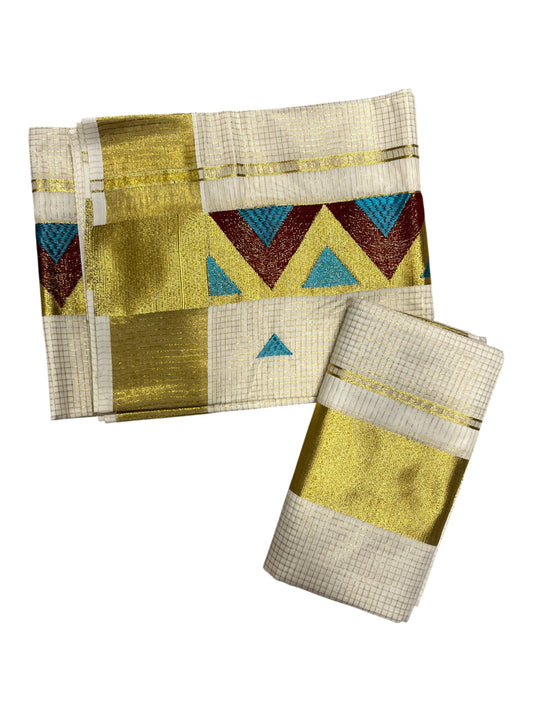 southloom Kerala TIssue Kasavu Mundum Neriyathum (Set Mundu) with Blue Brown Embroidery Designs in Kasavu Border