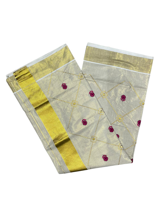 Southloom Tissue Kerala Kasavu Plain Saree with  Embroidery Designs on Body