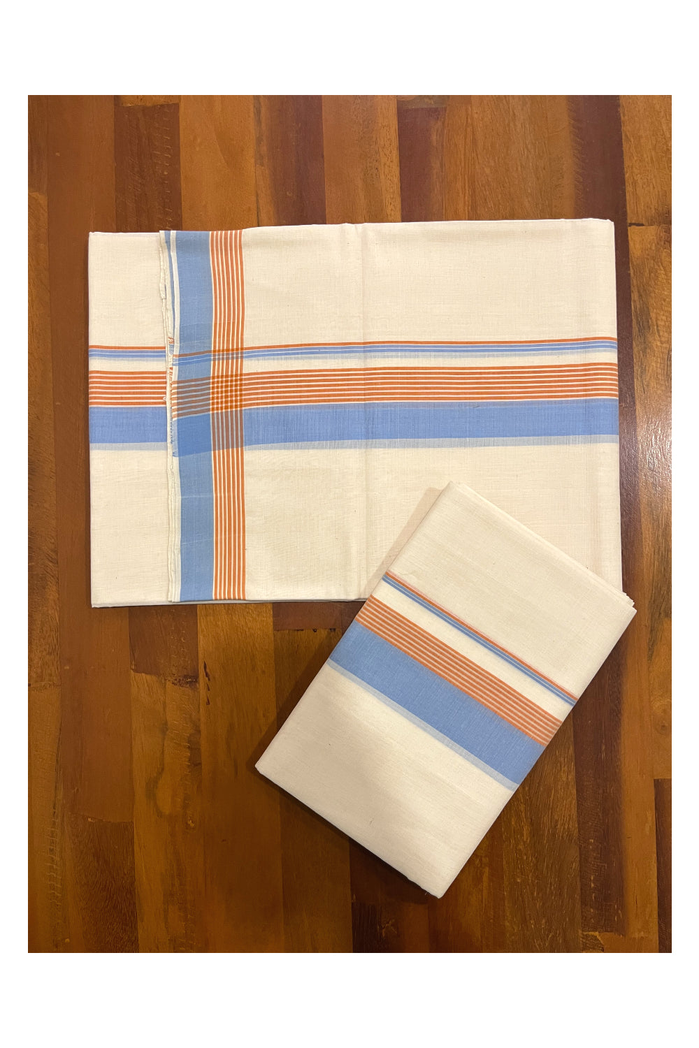 Southloom Premium Handloom Single Set Mundu (Mundum Neriyathum) with Blue and Orange Border 2.80 Mtrs