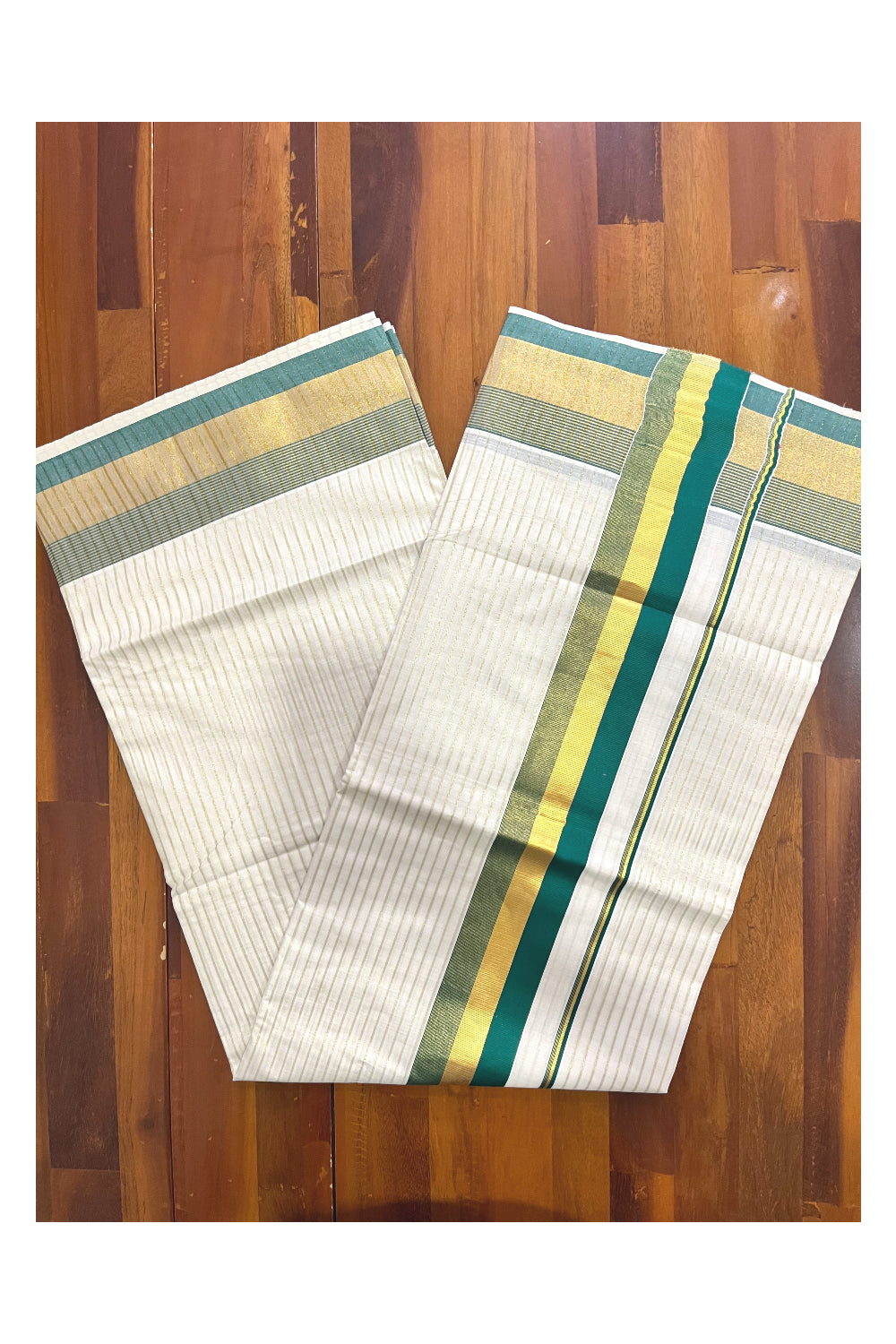 Pure Cotton Kerala Kasavu Lines Design Saree with Green Border