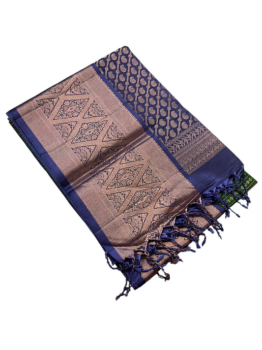Southloom Pure Handloom Bridal Kanchipuram Silk Saree with Korvai Zari Work (Green & Blue)
