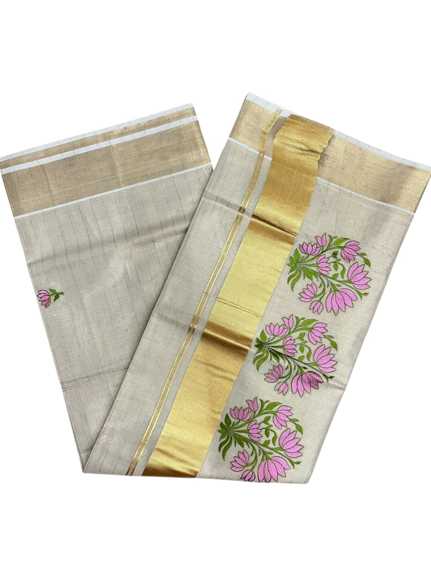 Southloom Tissue Kerala Kasavu Saree with Floral Embroidery Design On Border