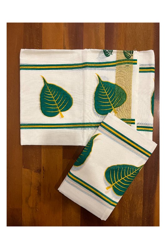 Cotton Kerala Single Set Mundu with Green Leaf Block Prints 2.80 Mtrs