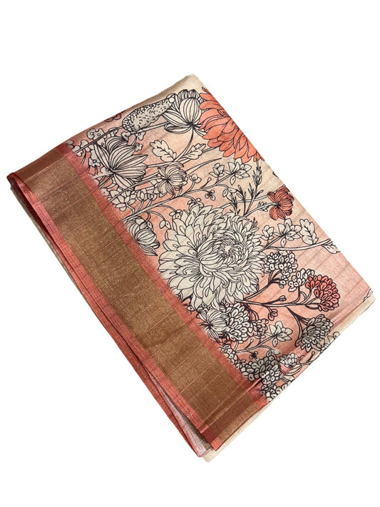 Southloom Saree with Floral Works Across Body in Peach