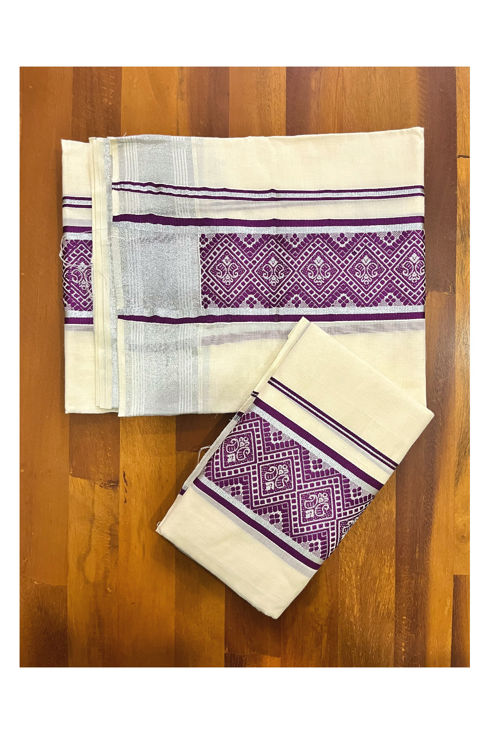 Kerala Cotton Mundum Neriyathum Single (Set Mundu) with Purple Woven Designs and Silver Kasavu Border 2.80 Mtrs