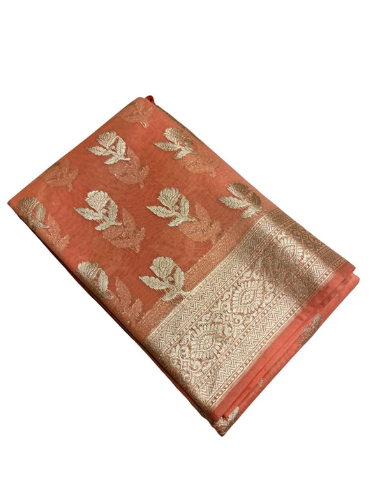 Southloom Cotton Banarasi Silk Saree with Woven Work on Body and Borders (Peach)
