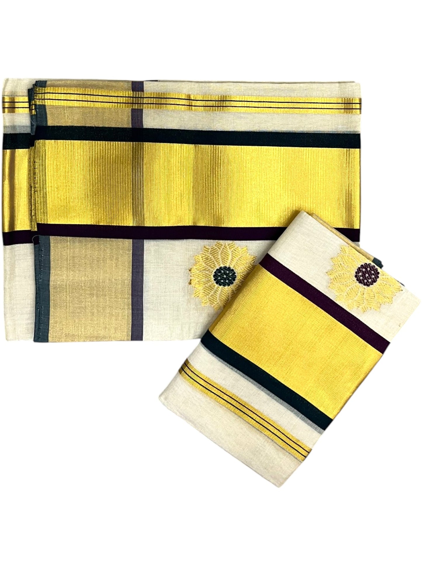 Southloom Premium Tissue Handloom Set Mundu with Green & Purple Butta Desgin And Gold Kasavu Border (2.80 Mtr) SL632