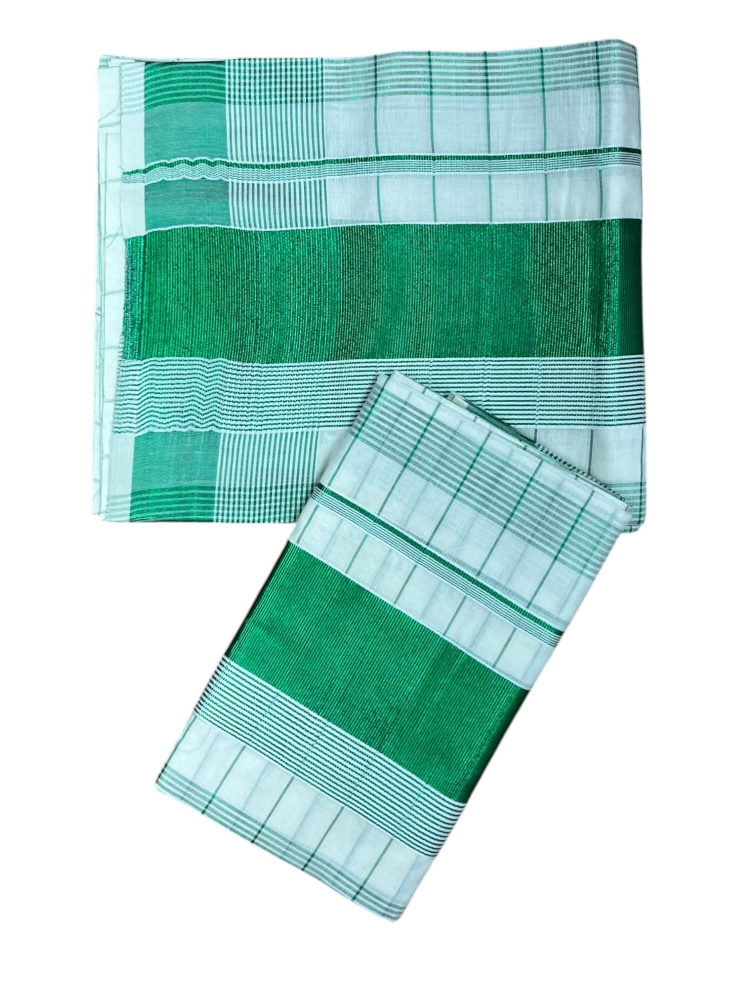 Southloom Kerala Cotton Set Mundu  (Mundum Neriyathum)  Green Kasavu Lines Across Body 2.80 Mtrs