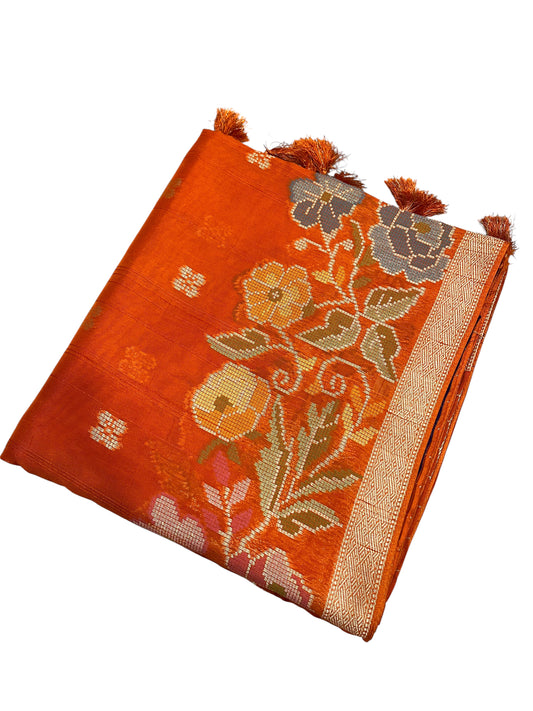 Southloom Banarasi Silk Saree with Woven Work on Body and Borders (Orange & Violet)