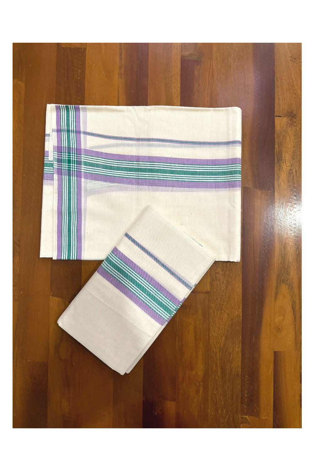 Kerala Mulloth Soft Cotton Mundum Neriyathum Single with Violet and Green Border (Onam Set Mundu 2023)