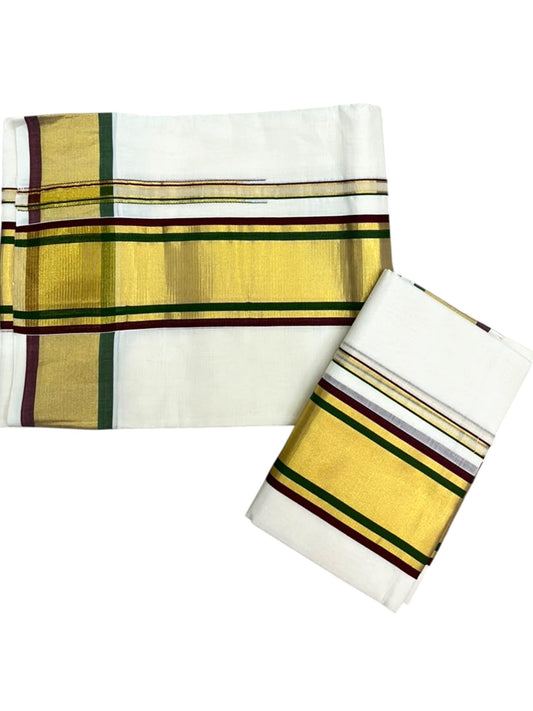 Southloom Premium Handloom Set Mundu with Maroon & Olive Green Border and Kasavu Lines Across Body 2.80 Mtrs SL632