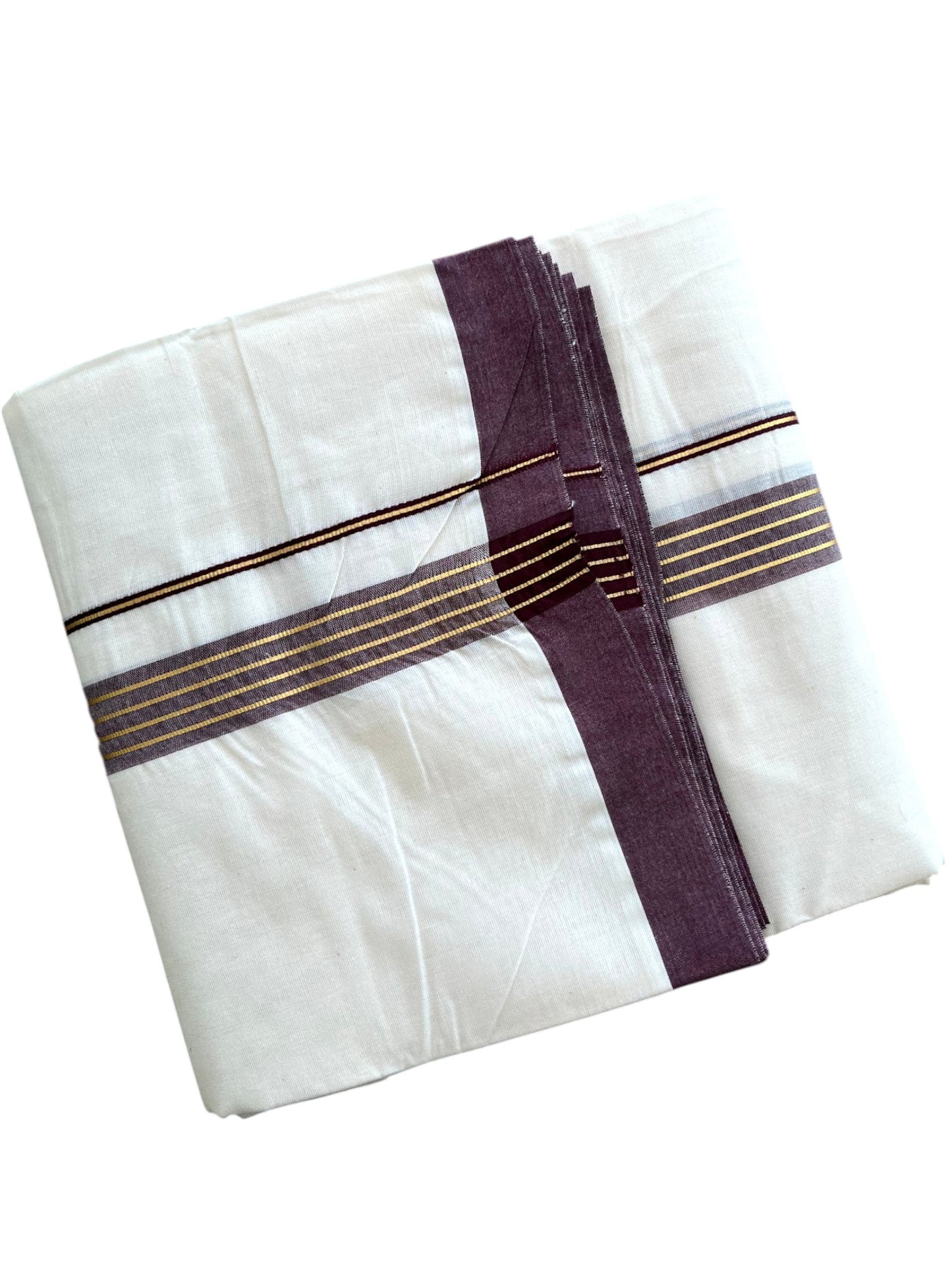 Southloom Pure Cotton Mundu with Golden Lines and Purple Border (South Indian Kerala Dhoti)