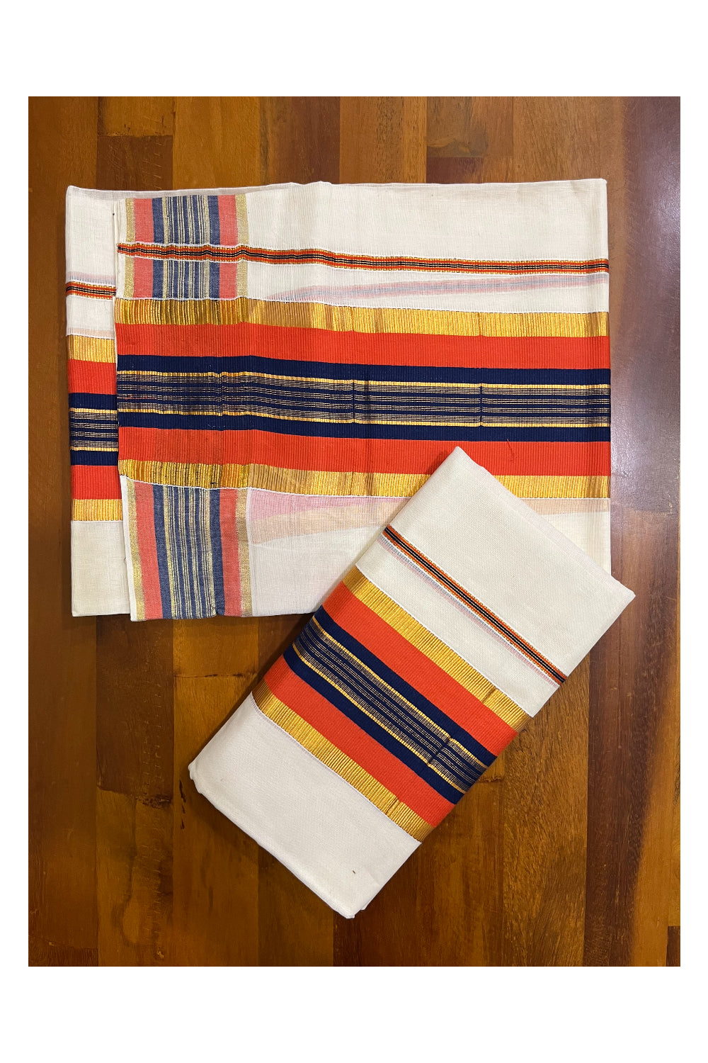 Kerala Cotton Kasavu Set Mundu (Mundum Neriyathum) with Orange and Blue Border 2.80 Mtrs